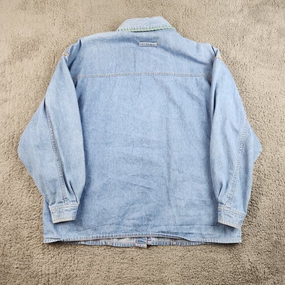 Vintage Denim Shirt Women’s Large Long Sleeves Button Front Floral Embroidered - Picture 2 of 11